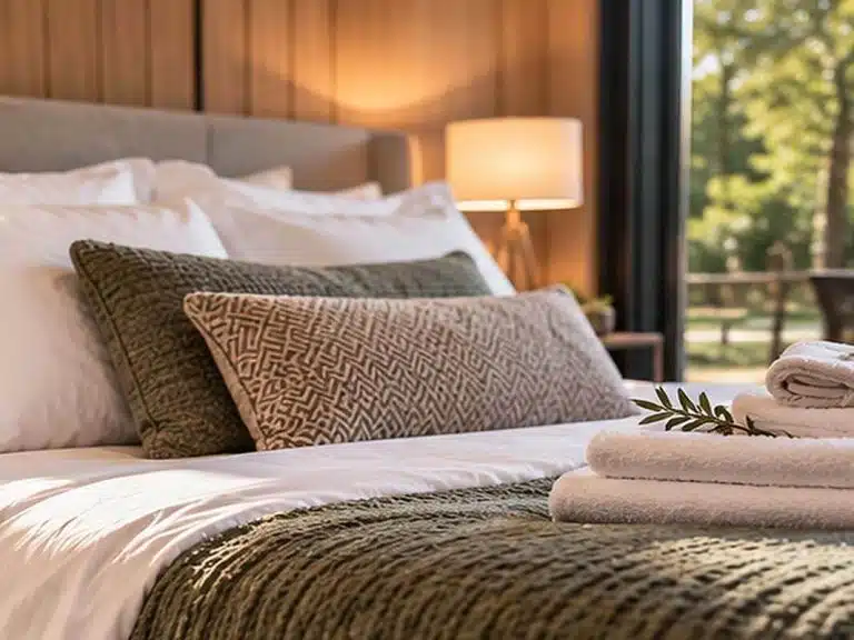 Opgemaakt bed met kussens in een vakantiehuis
