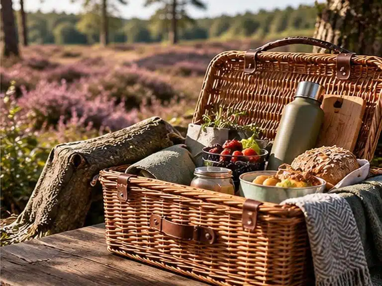 Gevulde picknickmand op de heide